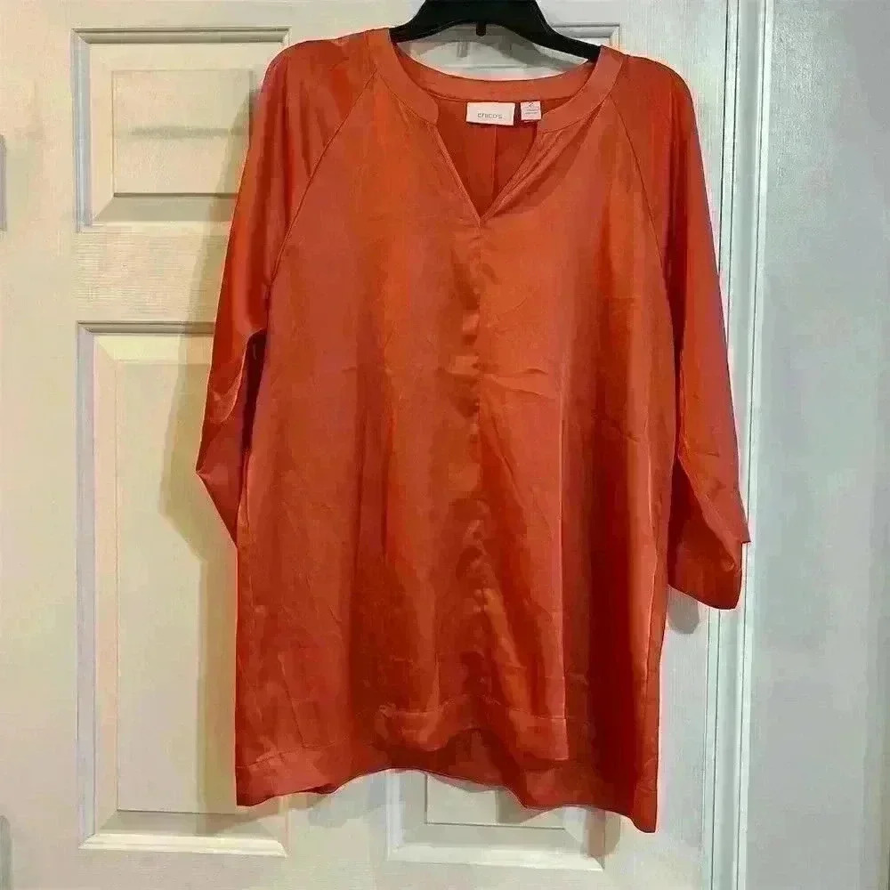 Chico's Women's Orange V-Neck 3/4 Sleeve Tunic Top Size 2 Casual